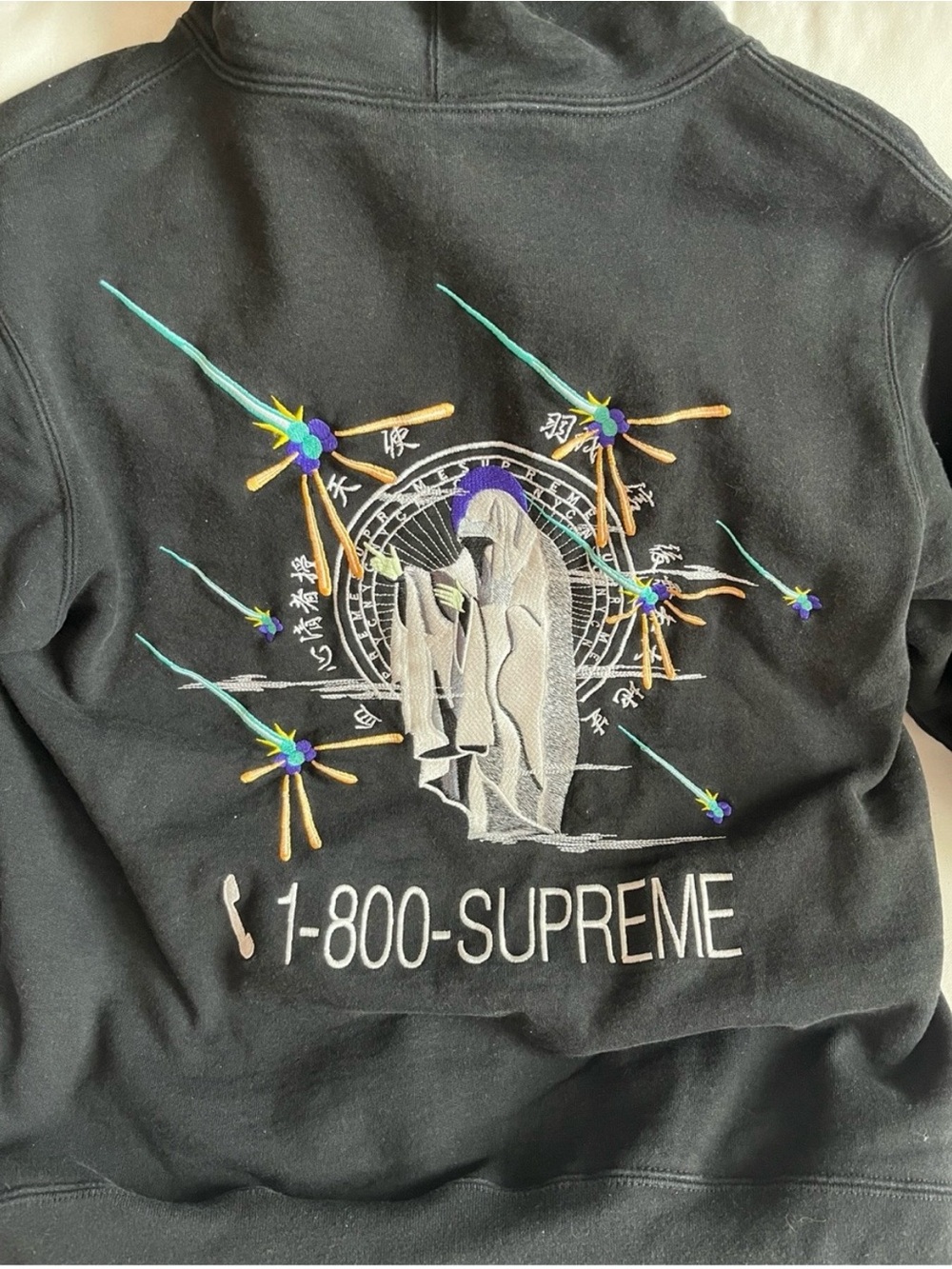 Supreme Black Crewneck Hoodie with Multicolor Embroidered Back Graphic